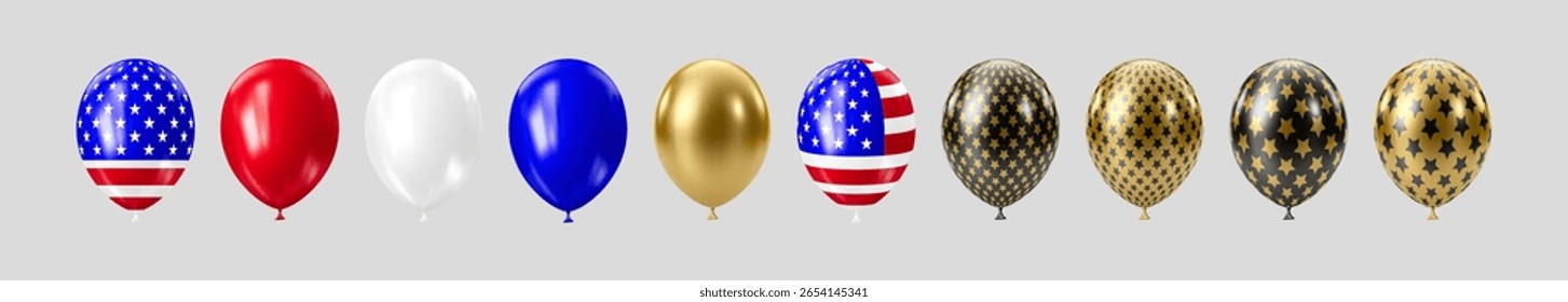 Set of realistic 3D balloons in USA colors and flags. Bouquet and bunche of patriotic balloon. Celebration of july 4th american independence day. Vector illustration for party card, flyers and posters