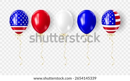 Set of realistic 3D balloons in USA colors and flags. Bouquet and bunche of patriotic balloon. Celebration of july 4th american independence day. Vector illustration for party card, flyers and posters