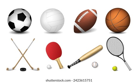 A set of realistic 3d balls for basketball, football, volleyball, baseball, tennis with clubs, rackets and a puck on a white background. A concept for sports.