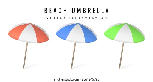 Set of realistic 3D beatch umbrella isolated on white background. Summertime object. Vector illustration.