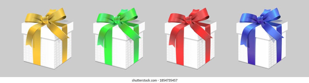 Set of Realistic 3D beautiful white gift with different color ribbons- yellow, green, red, blue. Vector illustration isolated on background.