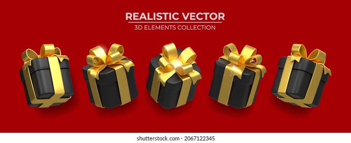 Set of Realistic 3d black gift box with golden ribbons isolated on a red background 3d render flying modern holiday surprise box. Festive decorative 3d render object Realistic vector celebration decor