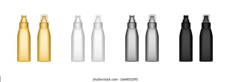 Conjunto de realistas Mockups de Botella de Spray en 3d negro - blanco, negro, plata, dorado. Ilustración vectorial aislada para el diseño de paquetes. Plantilla para el paquete de medicina en blanco, cosmética, doméstica e higiene