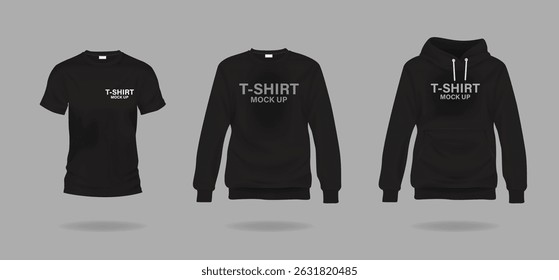 Set of realistic 3d black t-shirt, sweatshirt, hoodie base cloth isolated. 3d mockup for branding man or woman fashion. Design casual template for branding promotion advertising . vector illustration.