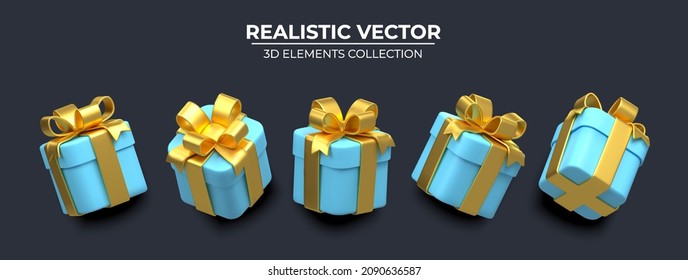 Set of Realistic 3d blue gift box with golden ribbons isolated on a dark background 3d render flying modern holiday surprise box. Festive decorative 3d render object Realistic vector decor