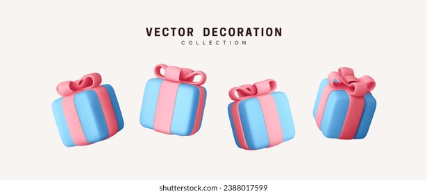 Set of realistic 3d blue gifts box. Holiday decoration presents. Festive gift surprise. Decor Isolated boxes. Vector illustration