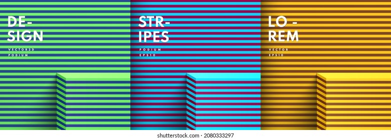 Set of realistic 3D blue, yellow, green and purple cube stand podium in multicolored style. Vector abstract room in horizontal stripes pattern. Minimal scene for products showcase, Promotion display.
