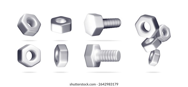 Conjunto de parafusos 3d realistas e porcas com sombra. Conceito de engenharia para construção, reparação e projetos diy. Equipamento mecânico.