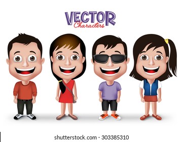 Set of Realistic 3D Boys and Girls Young Adult Kids Characters Happy Smiling in Casual Dress Fashion Isolated in White Background. Editable Vector Illustration