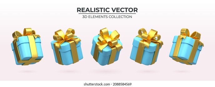 Conjunto de caja de regalo de 3 d realistas con cintas doradas aisladas en un fondo luminoso 3d renderizado volando moderna caja sorpresa de vacaciones. Objeto de representación 3d decorativo festivo Decoración vectorial realista