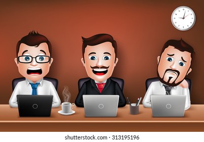 Conjunto de personajes de negocios 3D realistas trabajando en la mesa de escritorio de Office con portátil. Ilustración vectorial
