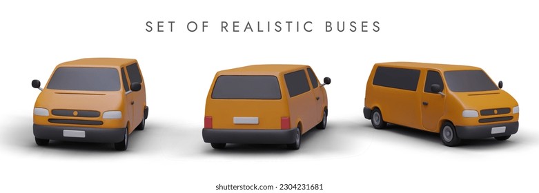 Set of realistic 3d busses in different positions for transport branding and advertising. Poster for automobile sales and rental company. Vector illustration in orange colors