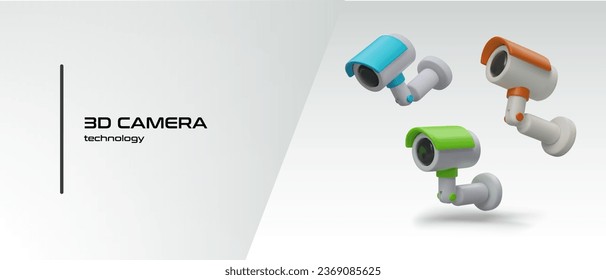 Set with realistic 3d cameras in different positions. 3d camera technology concept. Security, video surveillance. Vector illustration in green, blue and orange colors