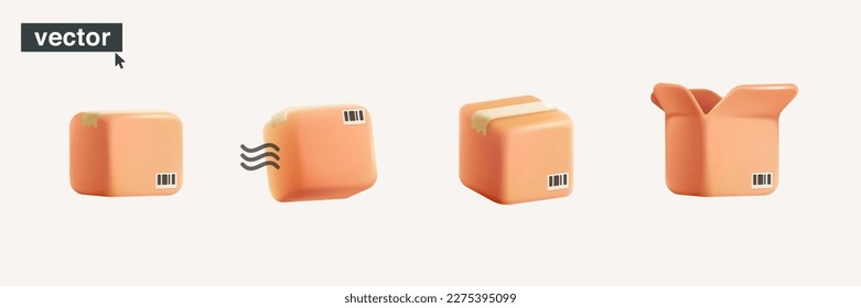 Set of realistic 3D cardboard boxes. Open and closed square shape orange paper package. Vector illustration in plastic volume style. Perfect icon for delivery, transportation, online shopping banner.