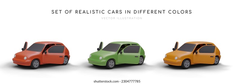 Set of realistic 3d cars in different colors. Blue, orange and green car with door open waiting for drivers. Poster for car sales and rental company. Vector illustration in cartoon style