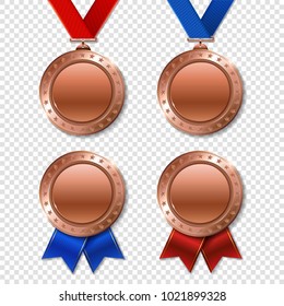 Set of realistic 3d champion realistic 3d bronz trophy award medals for winner. 
Honor prize. 
Modern flat style isolated on transparent background. Vector illustration
