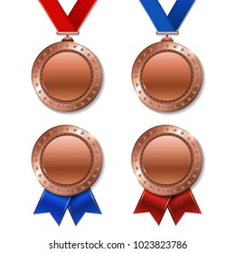 Set of realistic 3d champion realistic 3d bronz trophy award medals for winner. 
Honor prize. 
Modern flat style isolated on white background. Vector illustration