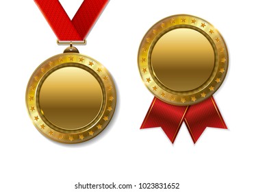 Set of realistic 3d champion realistic 3d gold trophy award medals for winner. 
Honor prize. 
Modern flat style isolated on white background. Vector illustration