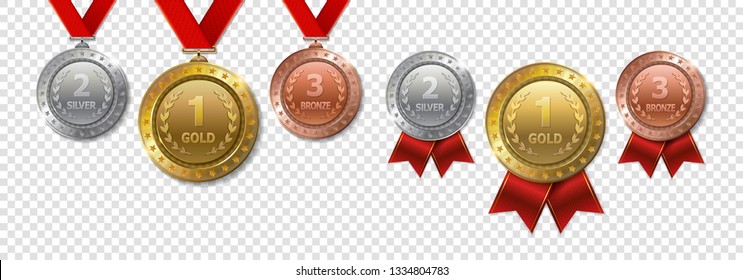 Set of realistic 3d Champion gold, silver and bronze award  
trophy medals with ribbons for winner. Honor prize. Modern flat style isolated on transparent background. Vector illustration