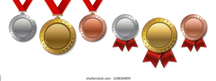 Set of realistic 3d Champion gold, silver and bronze award  trophy empty medals with ribbons for winner. 
Honor prize. 
Modern flat style isolated on white background. Vector illustration