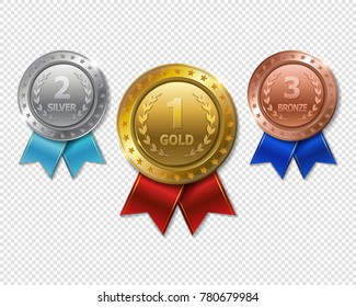 Juego de premios realistas 3d Champion Gold, plata y bronce  
medallas de trofeo con cintas rojas para ganar. 
Premio de honor. 
Moderno estilo plano aislado en segundo plano.
 Ilustración del vector