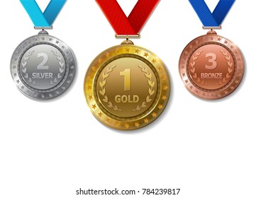 Juego de premios realistas 3d Champion Gold, plata y bronce  
medallas de trofeo con cintas rojas para ganar. 
Premio de honor. 
Moderno estilo plano aislado en segundo plano.
 Ilustración del vector
