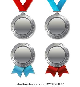 Set of realistic 3d champion realistic 3d silver trophy award medals for winner. 
Honor prize. 
Modern flat style isolated on white background. Vector illustration