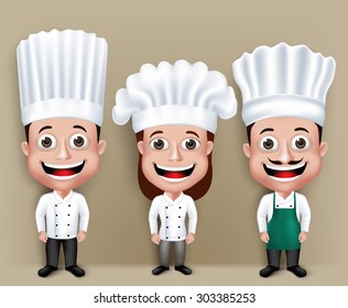 Set of Realistic 3D Chef Man and Woman Characters Happy Smiling in Culinary Dress Attire for Cooking. Editable Vector Illustration