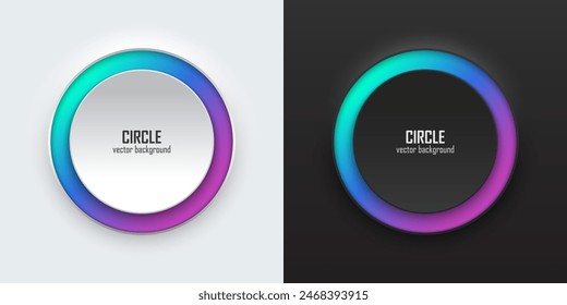 Conjunto de círculo 3d realista, azul y púrpura iluminan la iluminación de neón, Círculos marcos sobre un fondo blanco y negro en estilo neumorfismo. Elementos para el diseño. Vista superior del podio. VECTOR EPS10.