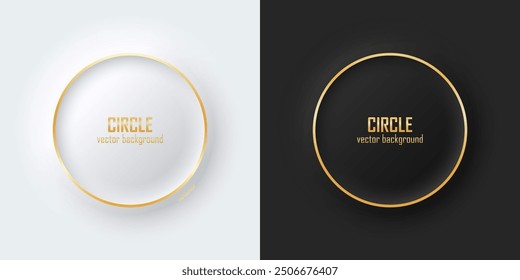 Set of realistic 3d circle. Gold illuminate neon lighting, Circles frames on a white and black background in neumorphism style. Elements for design. Top view of podium. EPS10 vector.	
