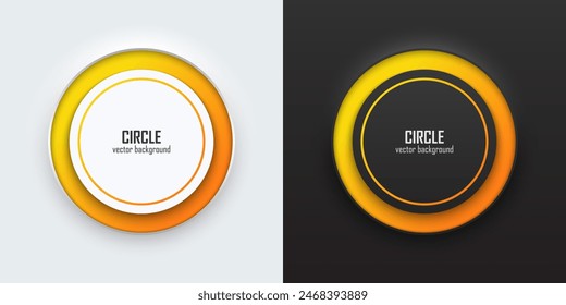 Conjunto de círculo 3d realista, amarillo y naranja iluminan la iluminación de neón, Círculos marcos sobre un fondo blanco y negro en estilo neumorfismo. Elementos para el diseño. Vista superior del podio. VECTOR EPS10.