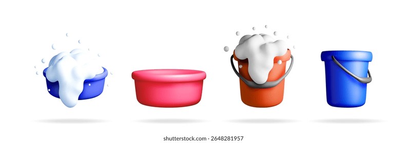 A set of realistic 3d cleaning buckets and basins with soap sud and bubbles, for household hygiene and sanitary purposes.