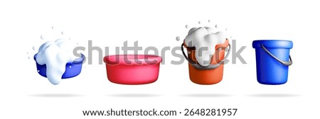 A set of realistic 3d cleaning buckets and basins with soap sud and bubbles, for household hygiene and sanitary purposes.