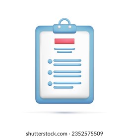 Set of realistic 3d clipboard, personal document. Glossy 3d contract management, file in database, job application, marketing, analytics, checklist. Vector illustration isolated on white background