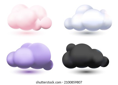 Set of realistic 3d clouds on white background. Soft round fluffy clouds icon in the sky. Geometric shapes. 3d render vector illustrations.