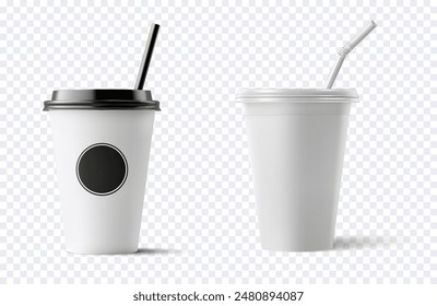 A set of realistic 3D coffee cups with straws, perfect for representing takeaway beverages, coffee shops, and drink-related themes. Ideal for promotional materials, menus, and digital illustrations.