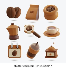 Set of realistic 3D Coffee icons. Beans, Beans Sack, Cup, Grinder, Tree, Iced Coffee, International Coffee Day, Moka Pot, Portafilter. 3d coffee shop concept
