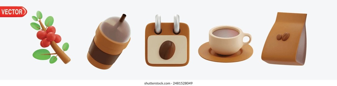 Set of realistic 3D Coffee icons. Beans, Beans Sack, Cup, Grinder, Tree, Iced Coffee, International Coffee Day, Moka Pot, Portafilter. 3d coffee shop concept
