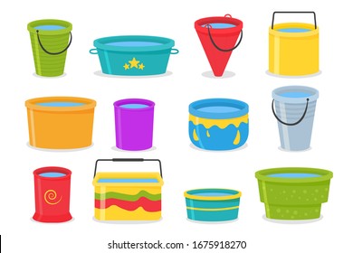 Set of realistic 3d colored empty plastic buckets with handle. The bucket is empty and filled with water. Water pails isolated on background. Vector illustration, EPS 10.