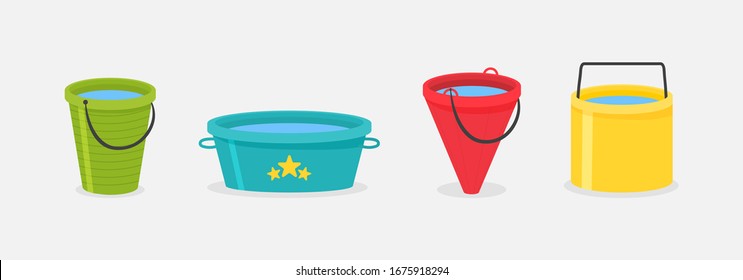 Set of realistic 3d colored empty plastic buckets with handle. The bucket is empty and filled with water. Water pails isolated on background. Vector illustration, EPS 10.