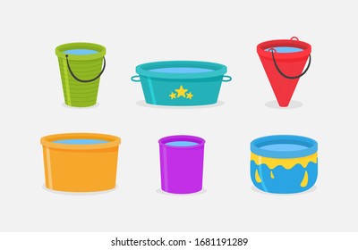 Set of realistic 3d colored empty plastic buckets with handle. The bucket is empty and filled with water. Water pails isolated on background. Vector illustration, EPS 10.