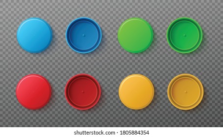 Set realistic 3d colored plastic bottle caps  Bottle caps and space for logo text  View from the outside   inside  Vector illustrations isolated transparent background