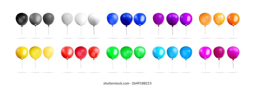 Conjunto de balões coloridos 3d realistas em várias cores isolados em um fundo branco. Conceito de celebração e decoração de festa.