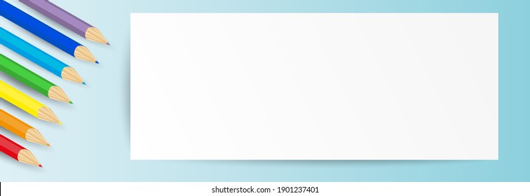 Set of realistic 3D colorful colored pencils and white sheet of paper for back to school with blank space for message. Vector illustration