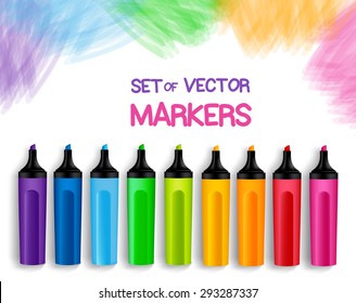 Set of Realistic 3D Colorful Full Markers in a Brushed White Background with Texture for Back to School with White Space for Message. Vector Illustration