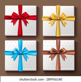 Set of Realistic 3D Colorful Gift Boxes with Patterns and Silk Ribbon and Bow Elements and Decoration for Valentines Day and Birthday Celebrations. Isolated Vector Illustration
