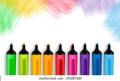 Set of Realistic 3D Colorful Markers in a Brushed White Background with Texture for Back to School with White Space for Message. Vector Illustration