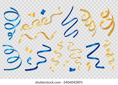 Set of realistic 3d colorful party streamers, coil ribbon serpentine on transparent background. Falling golden and blue spiral curled tinsel, vector festive confetti isolated  for celebration event