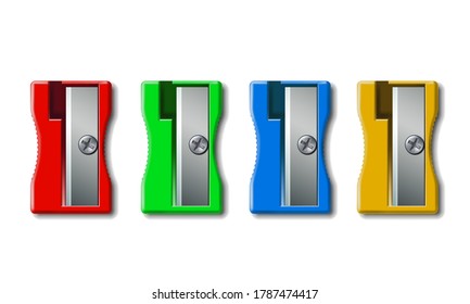 Conjunto de Enfocador de Lápiz Plástico Realista 3d Colorido Aislado en Fondo Blanco para Artículos Escolares. Ilustración vectorial