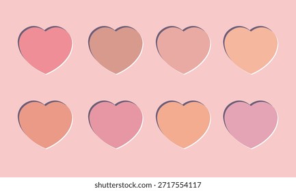 Un conjunto de corazones cóncavos realistas en 3D en tonos nude, melocotón y rosa. Corte de papel y estilo artesanal. Etiqueta, placa, Botón. Elemento de diseño para el día de San Valentín, amor, nacimiento y temas de boda.